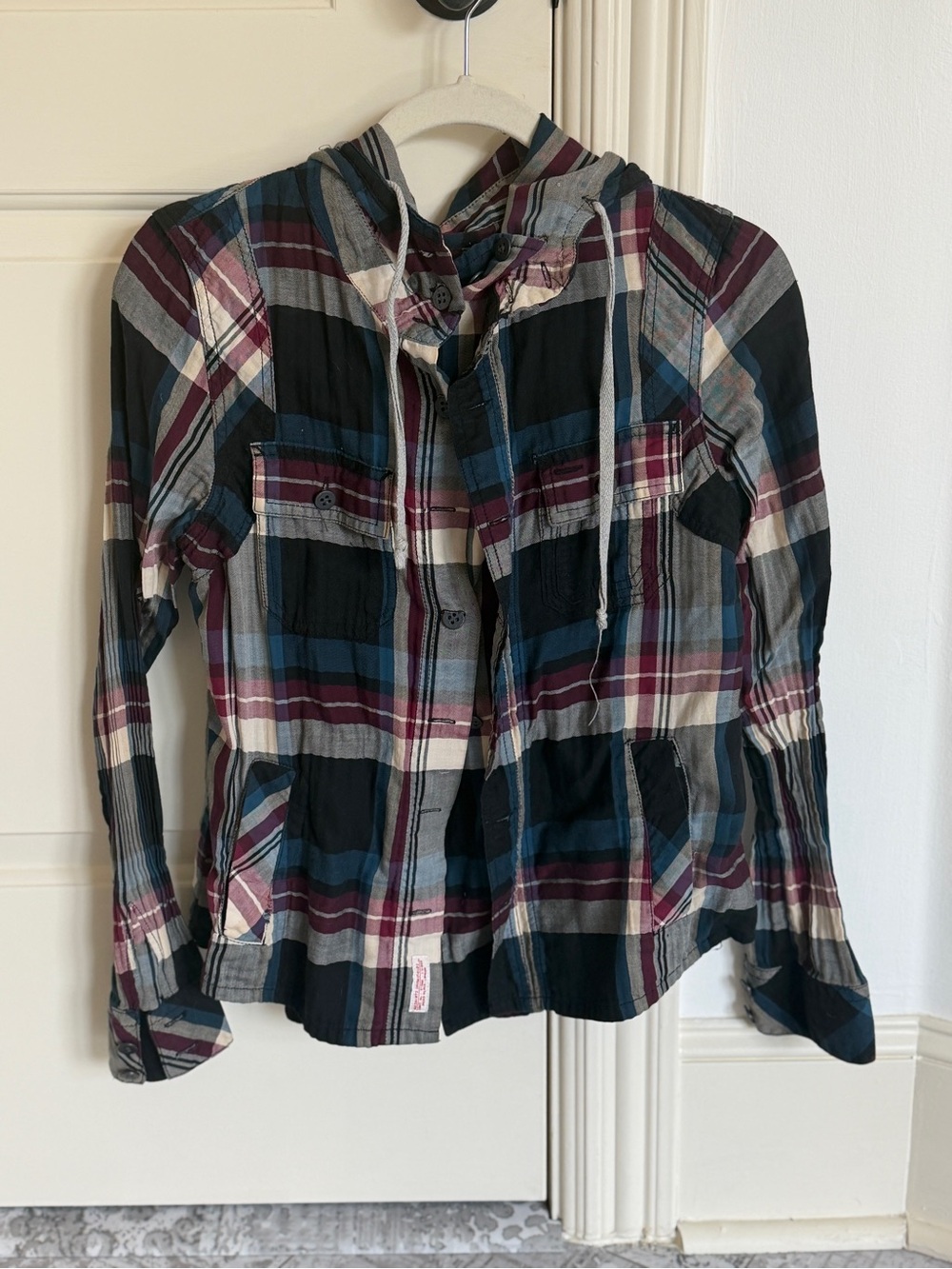 All Saints - Plaid Hooded Button-Front Shirt Jacket - Navy, Burgundy & Cream